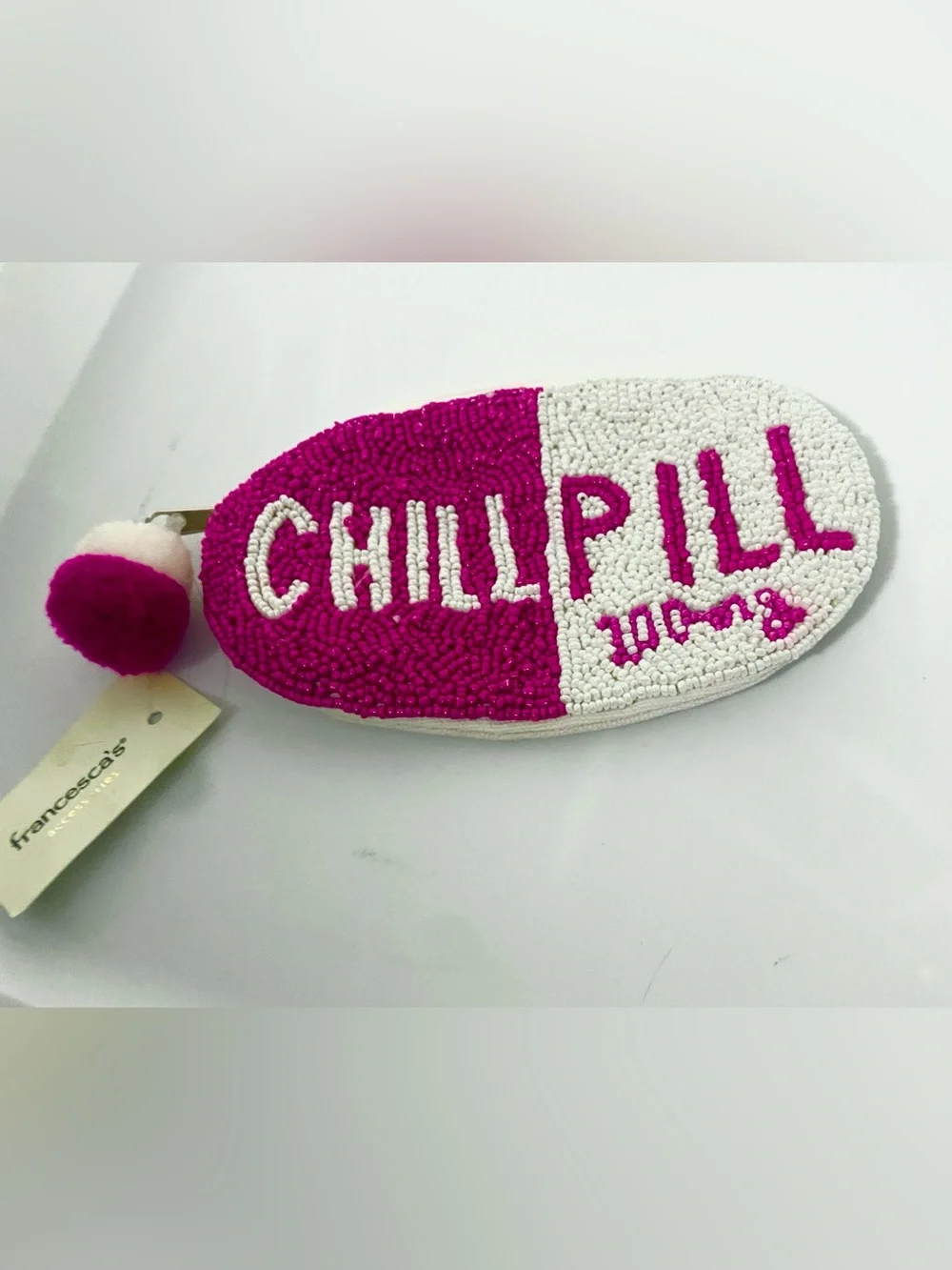 Francesca's Collections Pink & White Chill Pill' Beaded Zip Pouch Coin bag Pouch